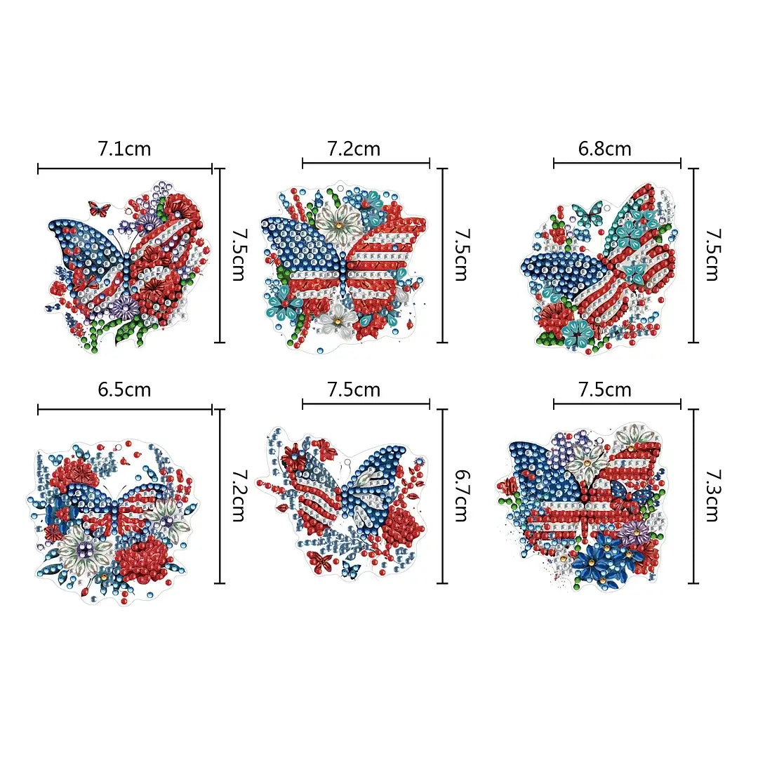 6pcs US Flag Butterfly DIY Diamond Painting Keychains / Bag Pendants Sizes