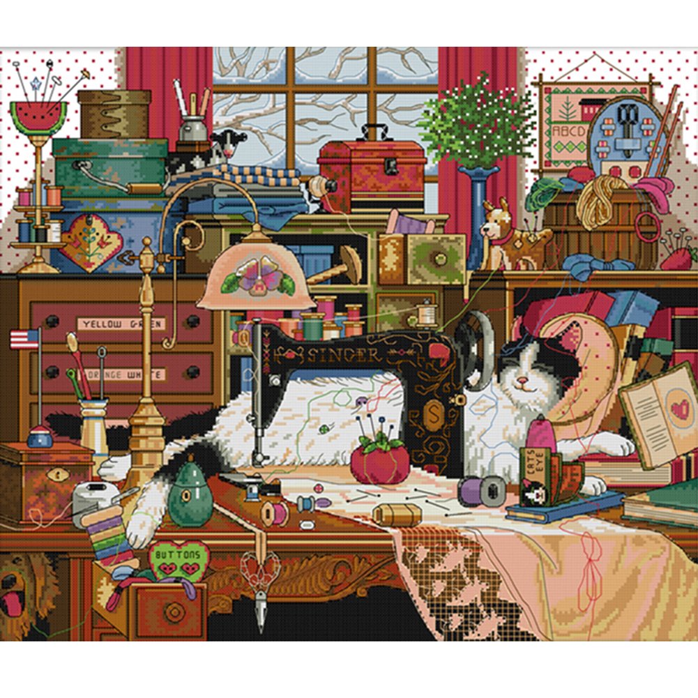 11ct Stamped Cross Stitch Kitten By Sewing Machine(69*60cm)