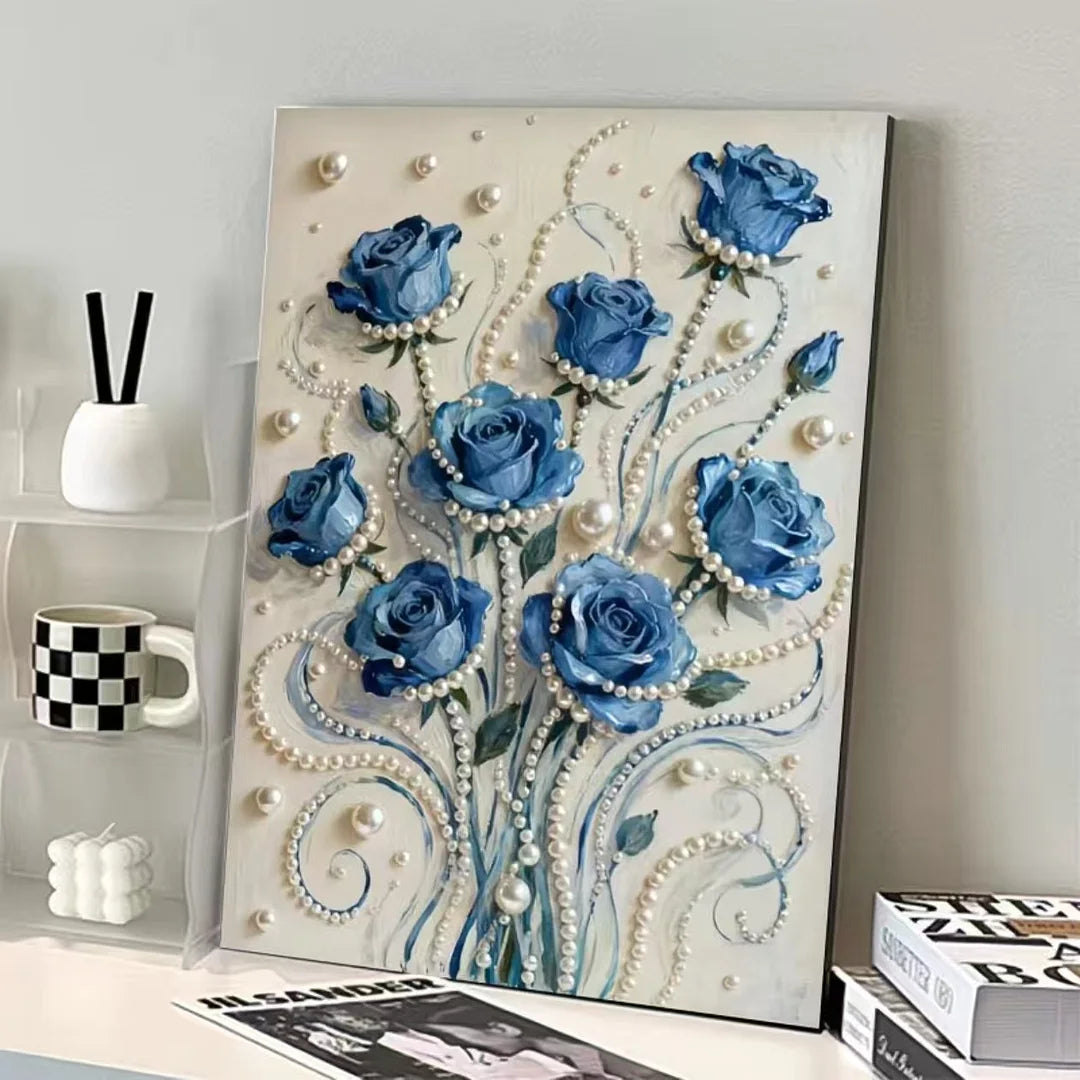 DIY Framed Pearl Painting - Handmade Self - Adhesive Pearls - Blue Rose