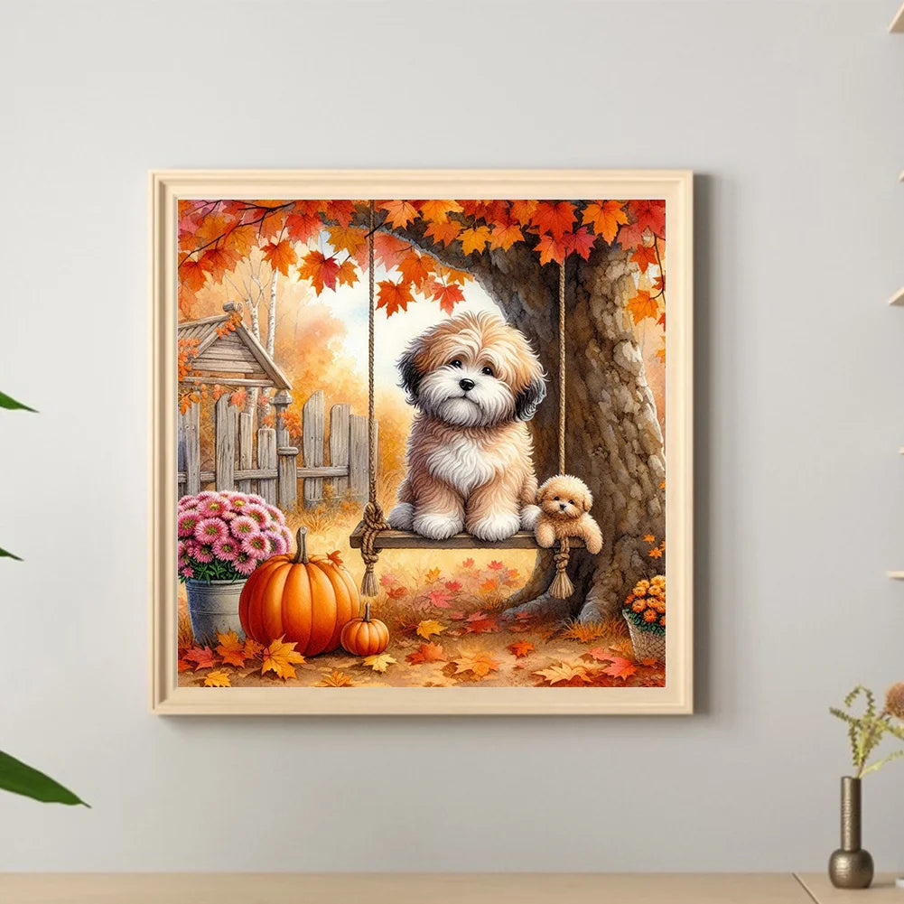 Diamond Painting - Full Round / Square - Autumn Dog On The Swing