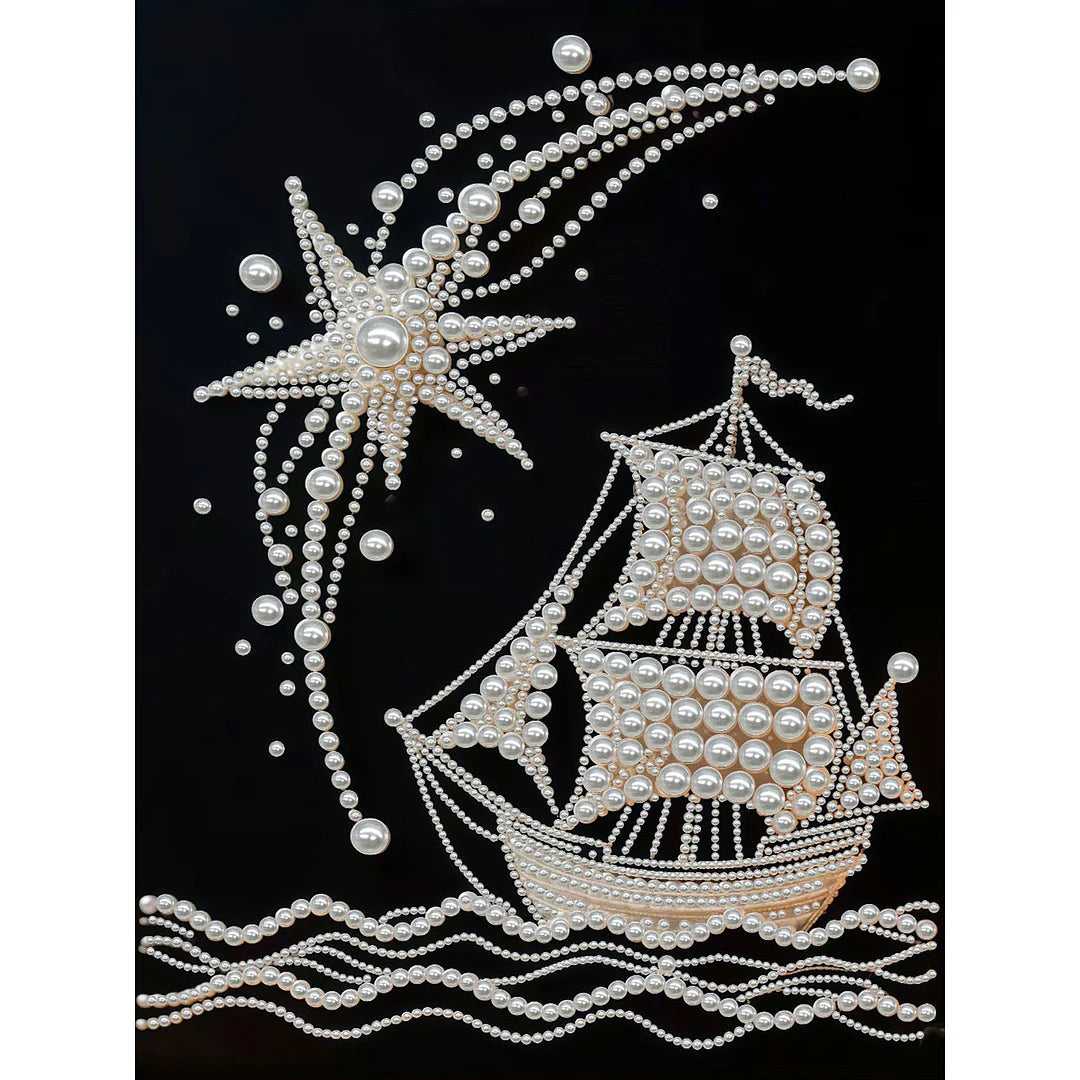 DIY Pearl Painting With Frame - Handmade Self-Adhesive Pearls - Sailboat (30*40cm)