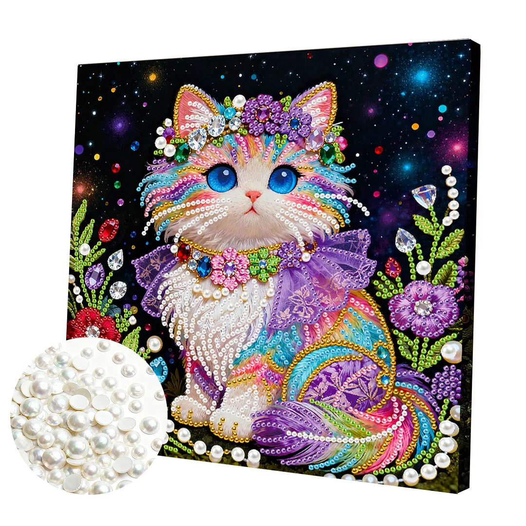 DIY Pearl Painting With Frame - Handmade Self-Adhesive Pearls - Cat (25*25cm) C