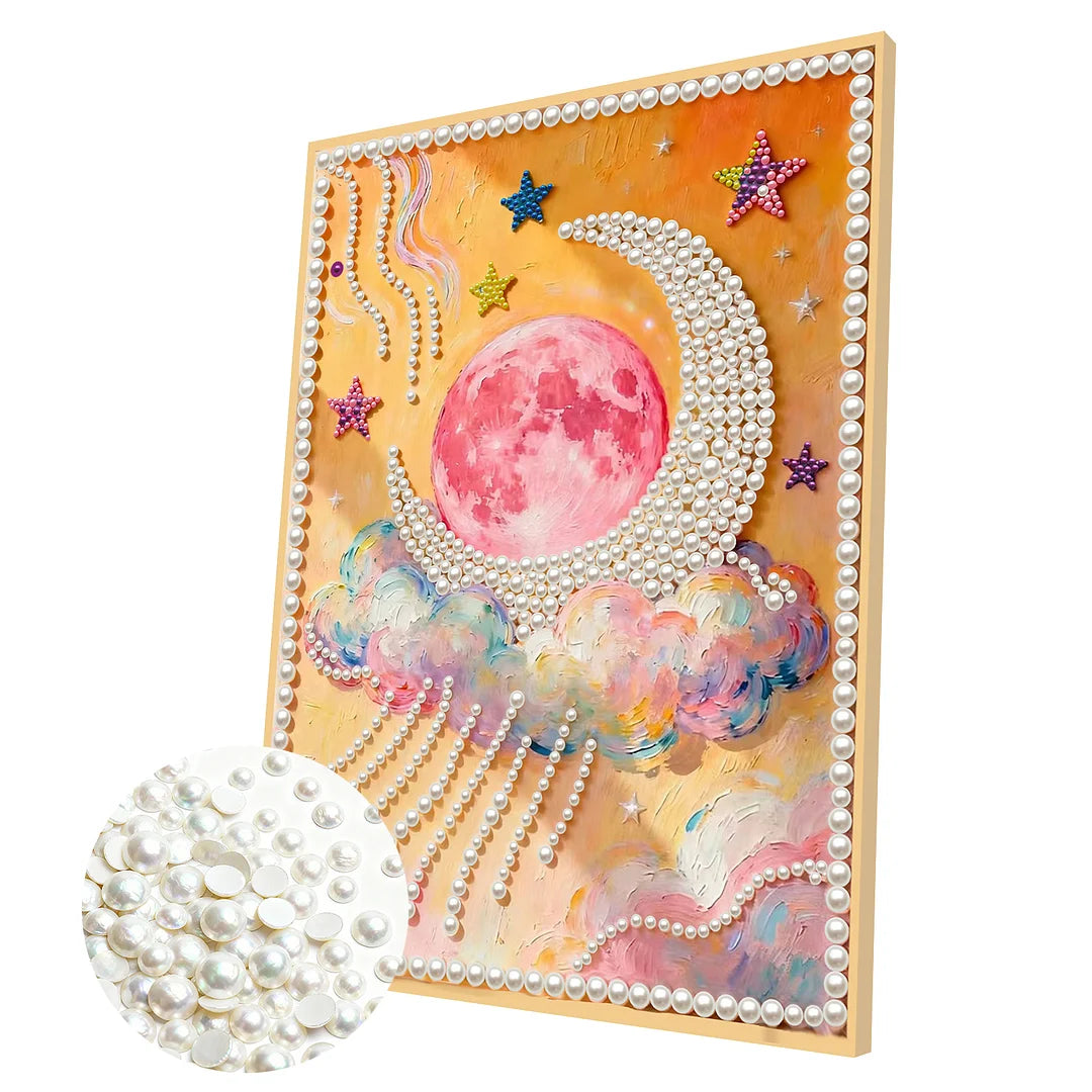 DIY Pearl Painting With Frame - Handmade Self-Adhesive Pearls - Moon oil painting (30*40cm)