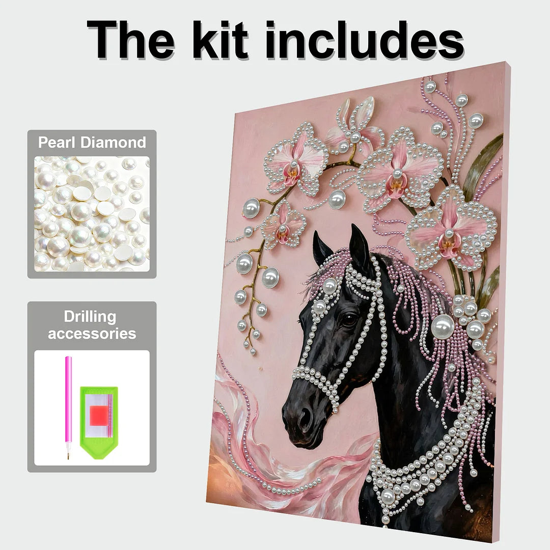 DIY Pearl Painting With Frame - Handmade Self-Adhesive Pearls - Horse (30*40cm) B