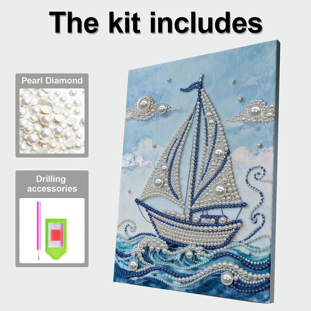 DIY Pearl Painting With Frame - Handmade Self-Adhesive Pearls - Sailboat (30*40cm) C