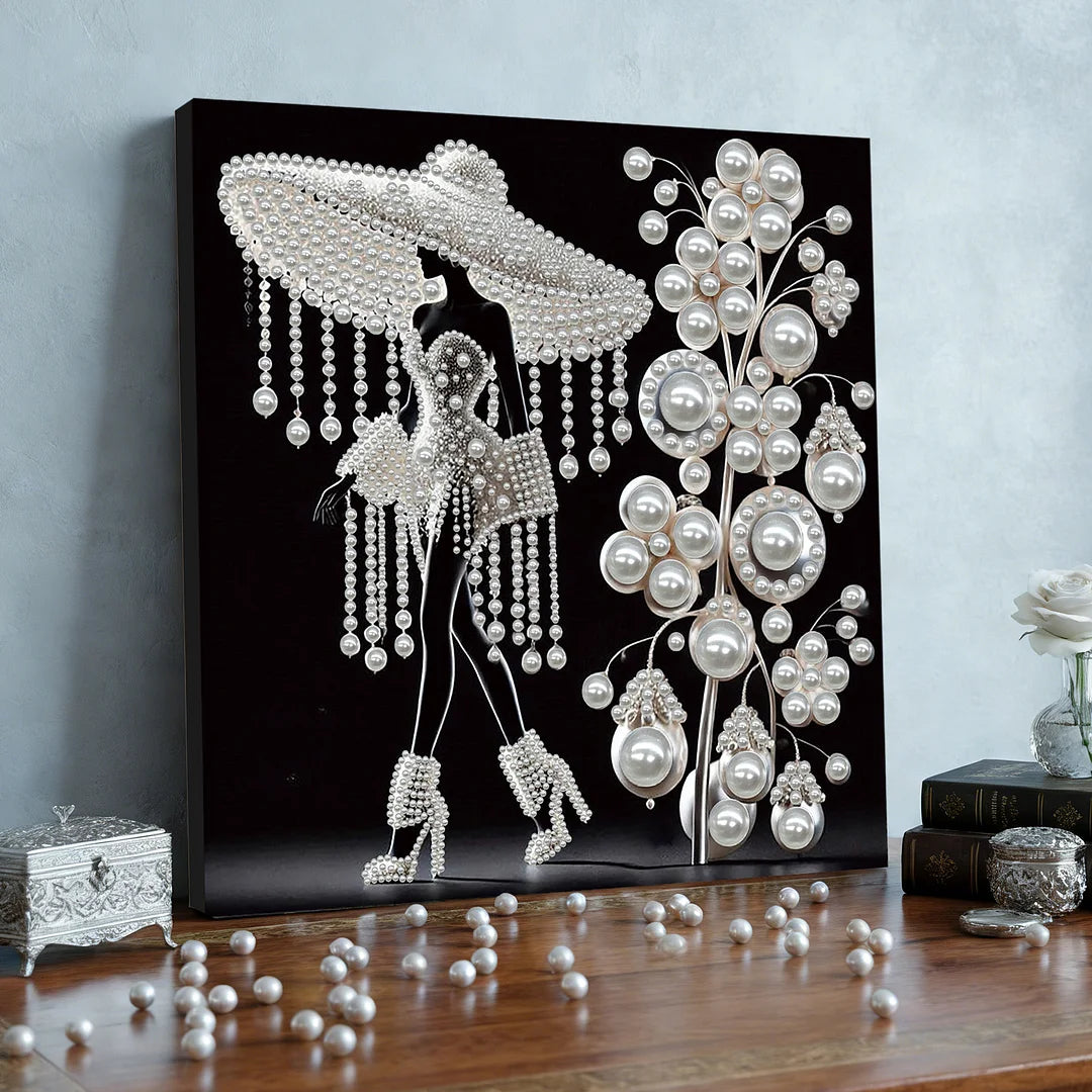 DIY Pearl Painting With Frame - Handmade Self-Adhesive Pearls - White Pearl Lady (30*30cm) B