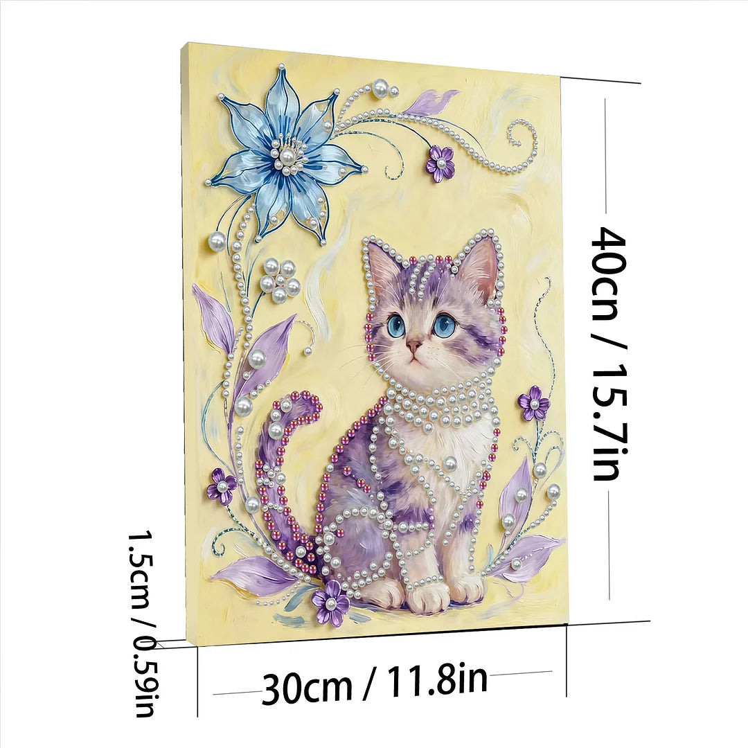 DIY Pearl Painting With Frame - Handmade Self-Adhesive Pearls - Flower Cat (30*40cm) B