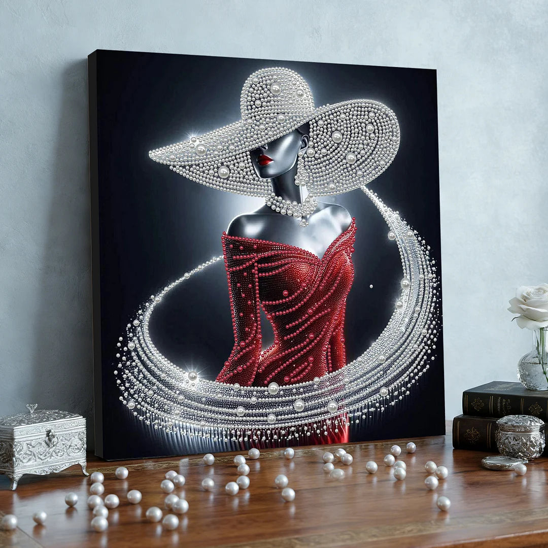 DIY Pearl Painting With Frame - Handmade Self-Adhesive Pearls - Red Dress Lady (30*30cm) B
