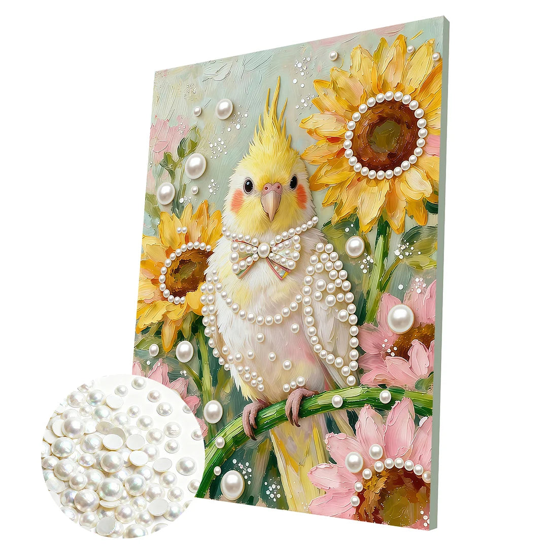 DIY Pearl Painting With Frame - Handmade Self-Adhesive Pearls - cockatiel (30*40cm) A