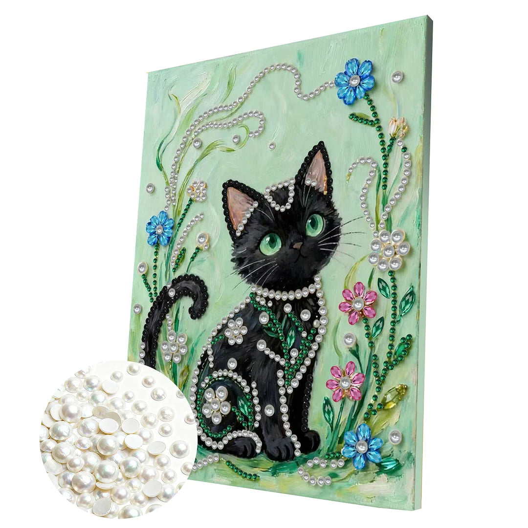 DIY Pearl Painting With Frame - Handmade Self-Adhesive Pearls - Black Cat (30*40cm)