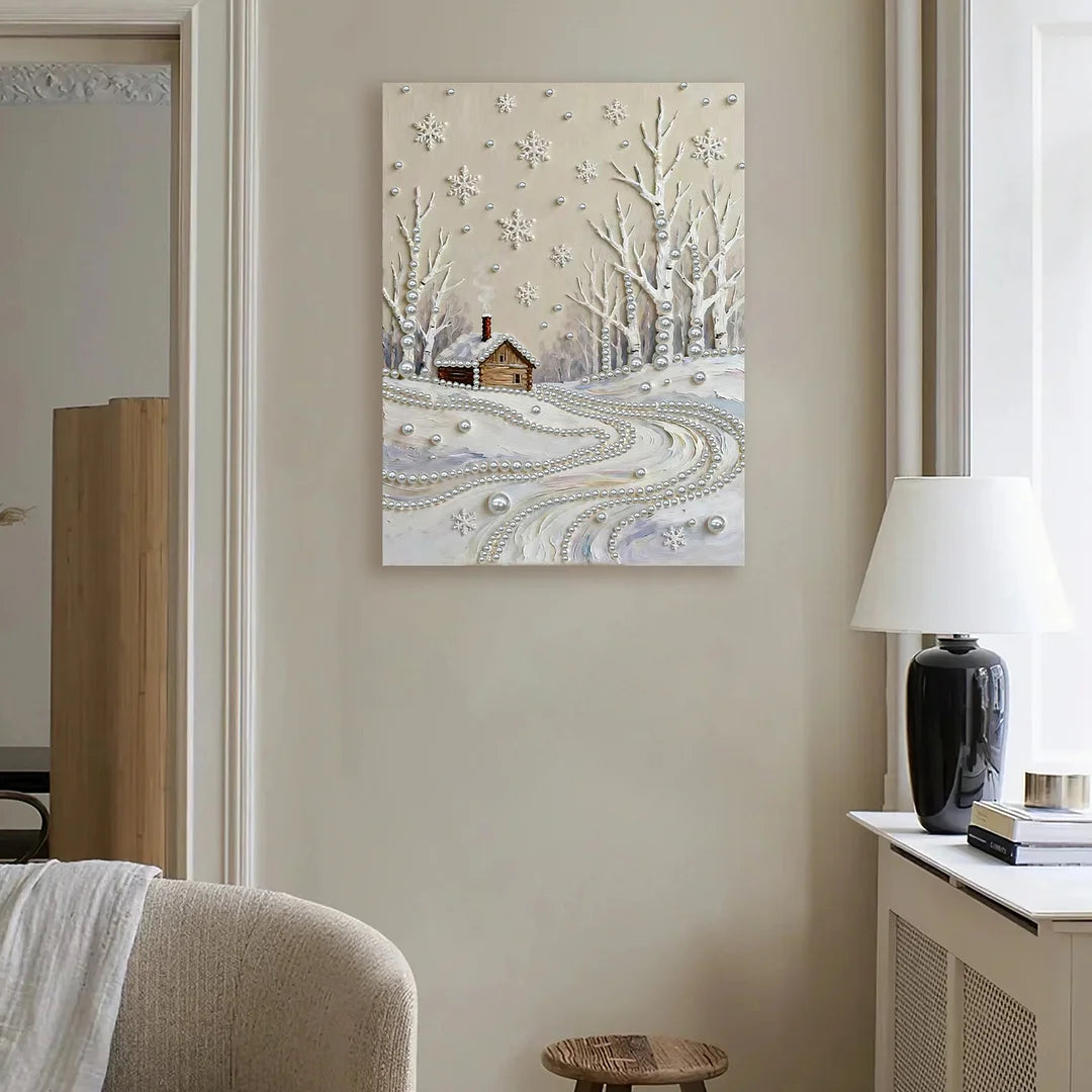 DIY Pearl Painting With Frame - Handmade Self-Adhesive Pearls - Snowy Field (30*40cm)