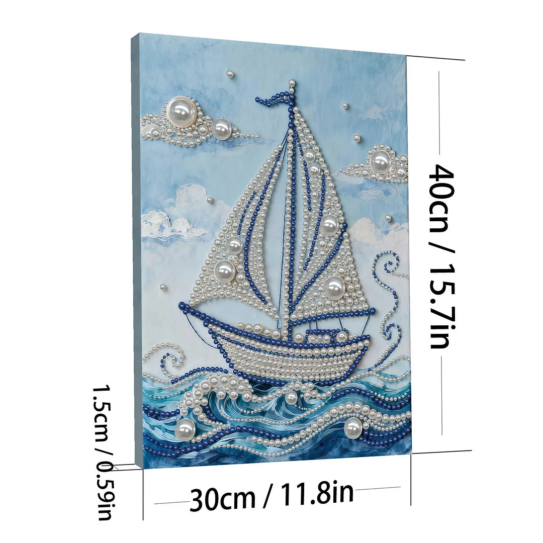 DIY Pearl Painting With Frame - Handmade Self-Adhesive Pearls - Sailboat (30*40cm) C