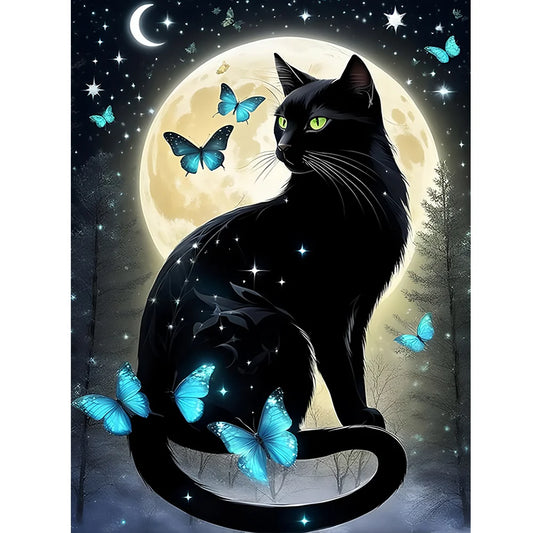 Diamond Painting - Full Round / Square - Moon Night Black Cat