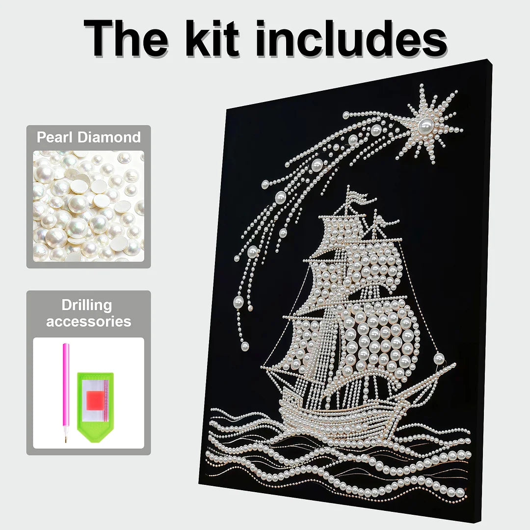 DIY Pearl Painting With Frame - Handmade Self-Adhesive Pearls - Boat (30*40cm)