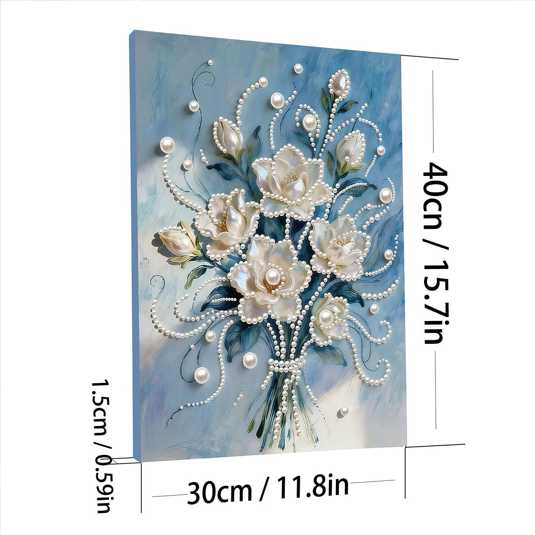 DIY Pearl Painting With Frame - Handmade Self-Adhesive Pearls - White flowers (30*40cm)