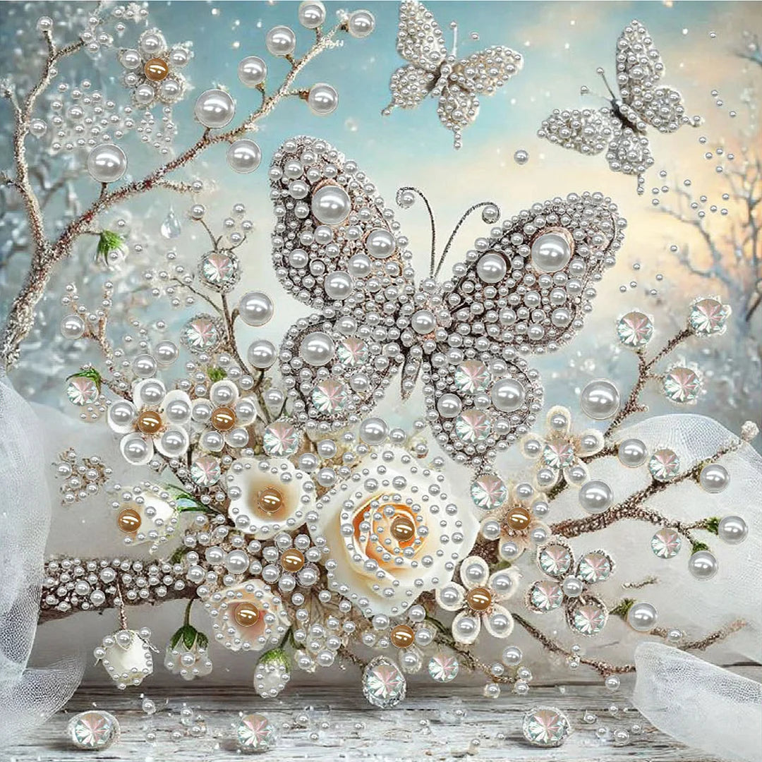 DIY Pearl Painting With Frame - Handmade Self-Adhesive Pearls - Butterfly Garden (30*30cm)
