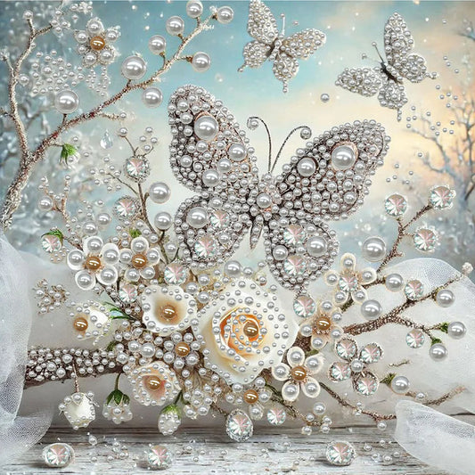 DIY Pearl Painting With Frame - Handmade Self-Adhesive Pearls - Butterfly Garden (30*30cm)