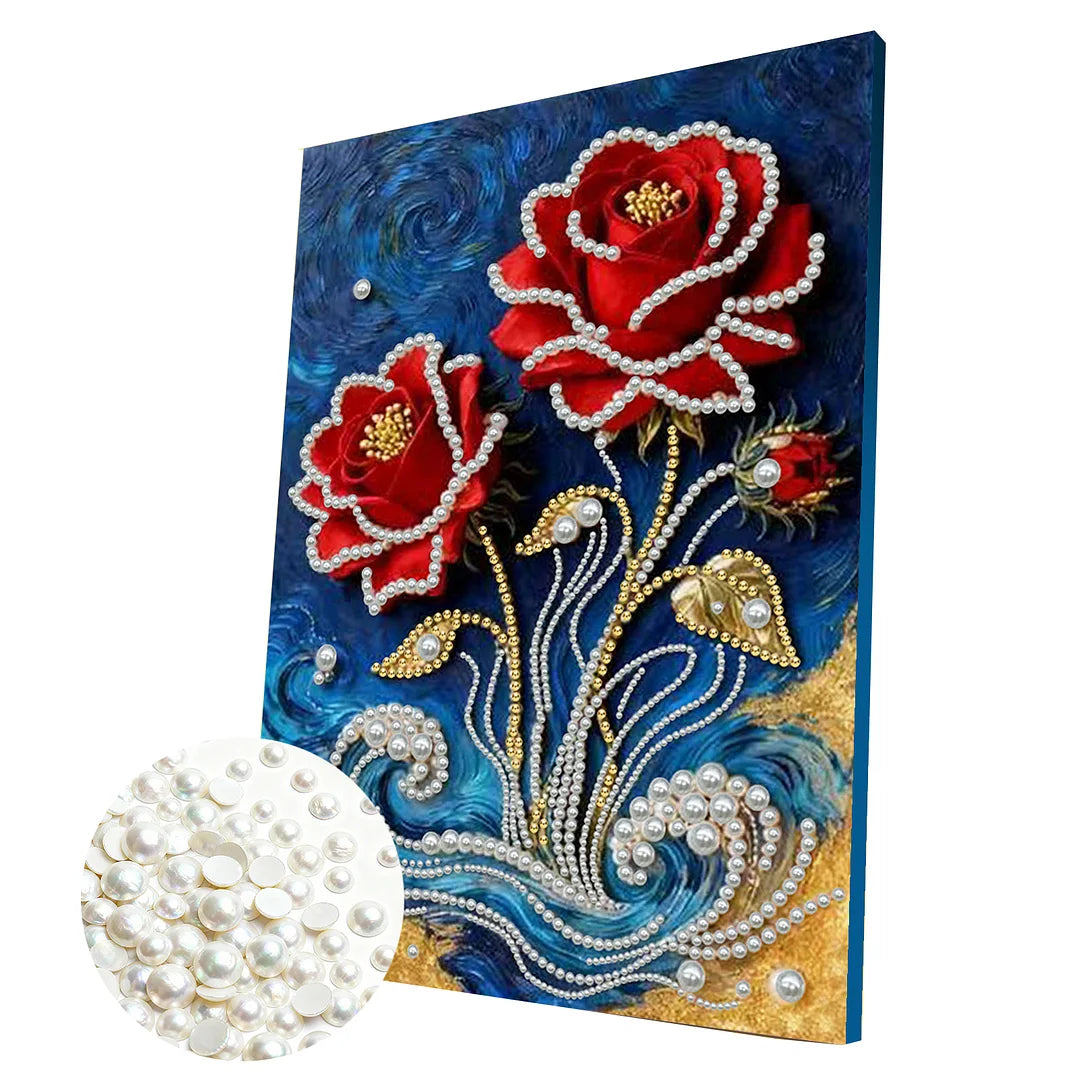 DIY Pearl Painting With Frame - Handmade Self-Adhesive Pearls - Red Rose (30*40cm) A
