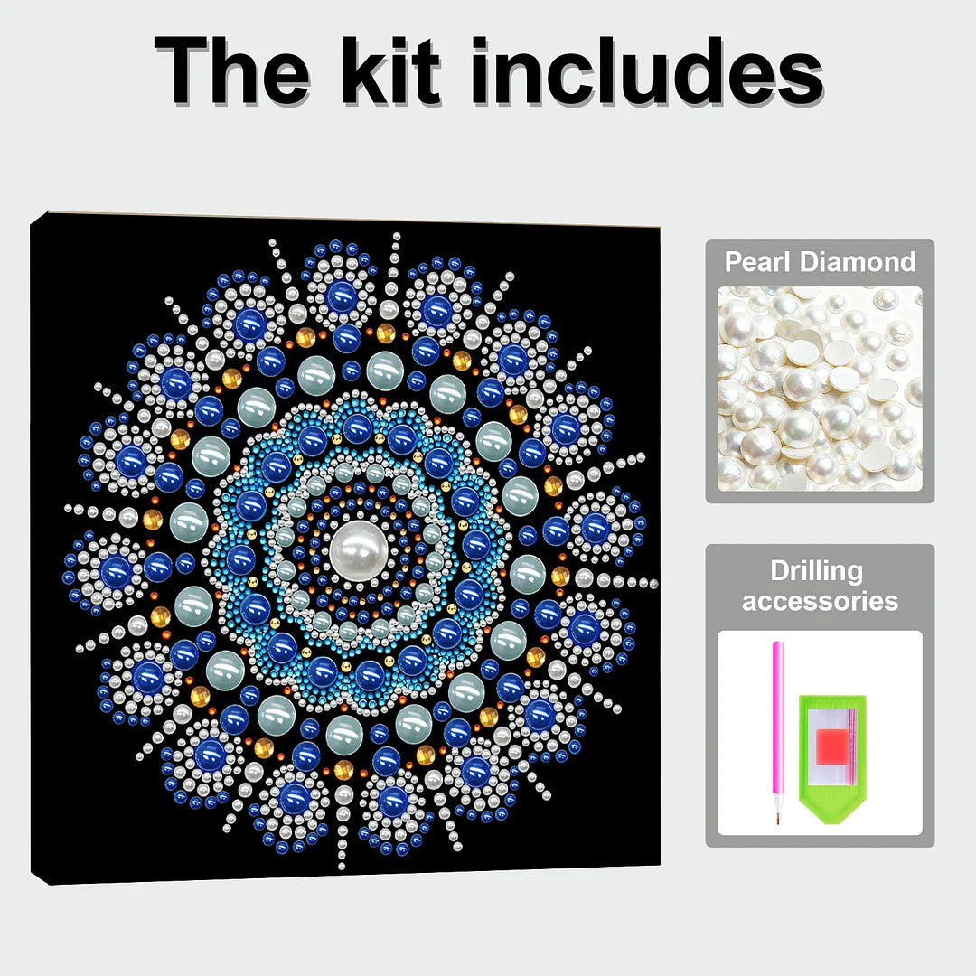 DIY Pearl Painting With Frame - Handmade Self-Adhesive Pearls - Blue Floral Mandala (25*25cm)