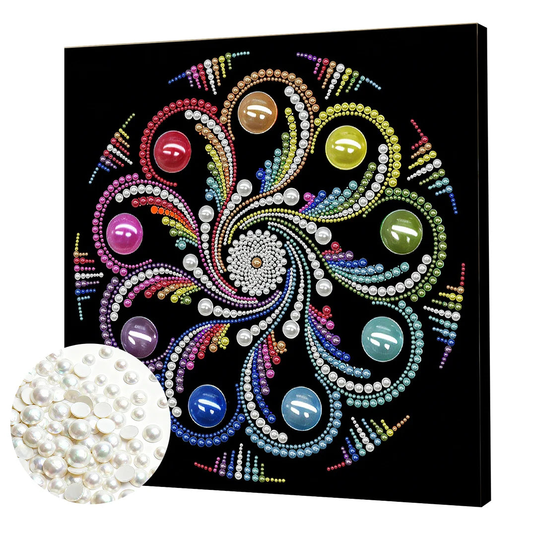 DIY Pearl Painting With Frame - Handmade Self-Adhesive Pearls - Swirl Color Mandala (25*25cm)