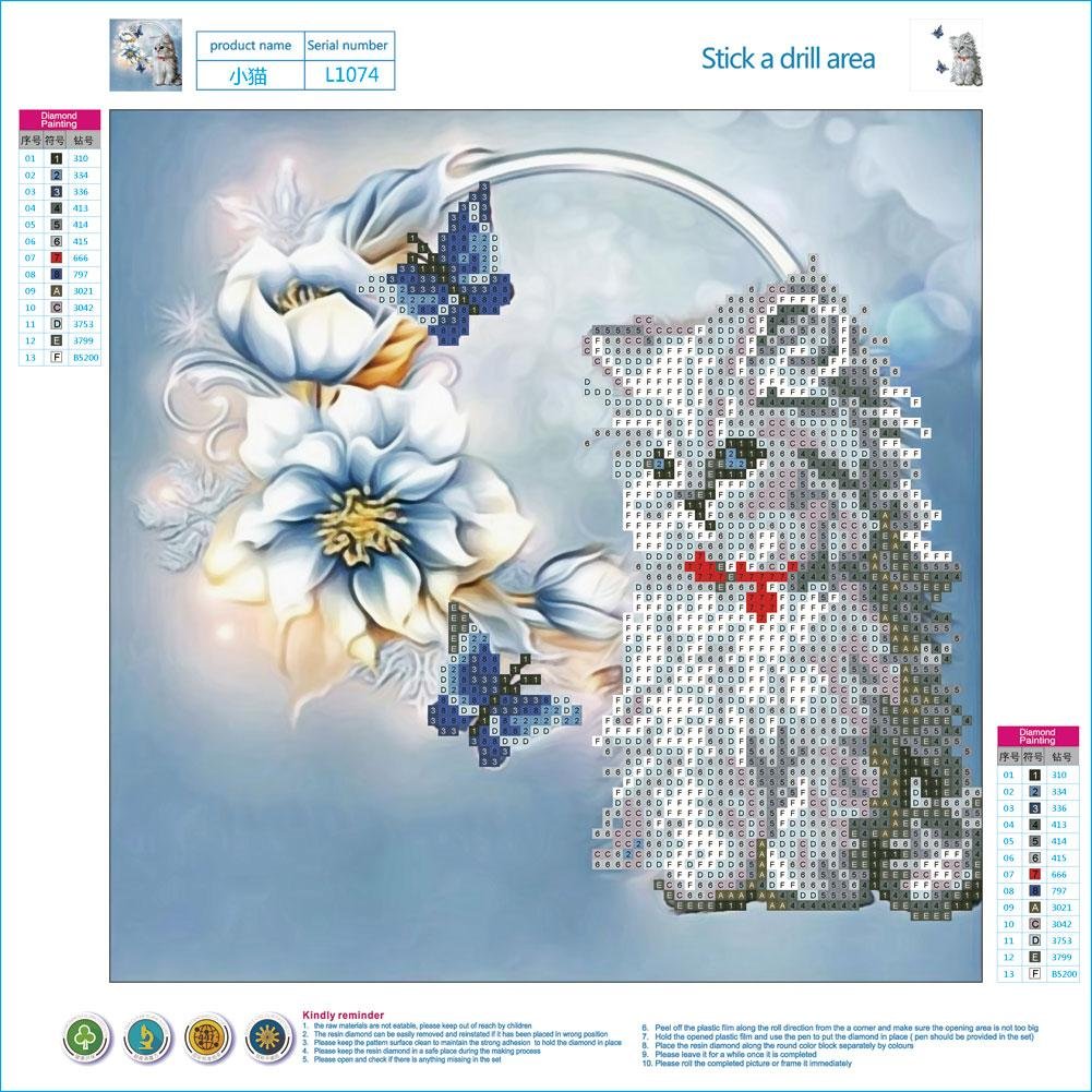 5D DIY Diamond Painting Kit - Partial Round - Cat Flowers