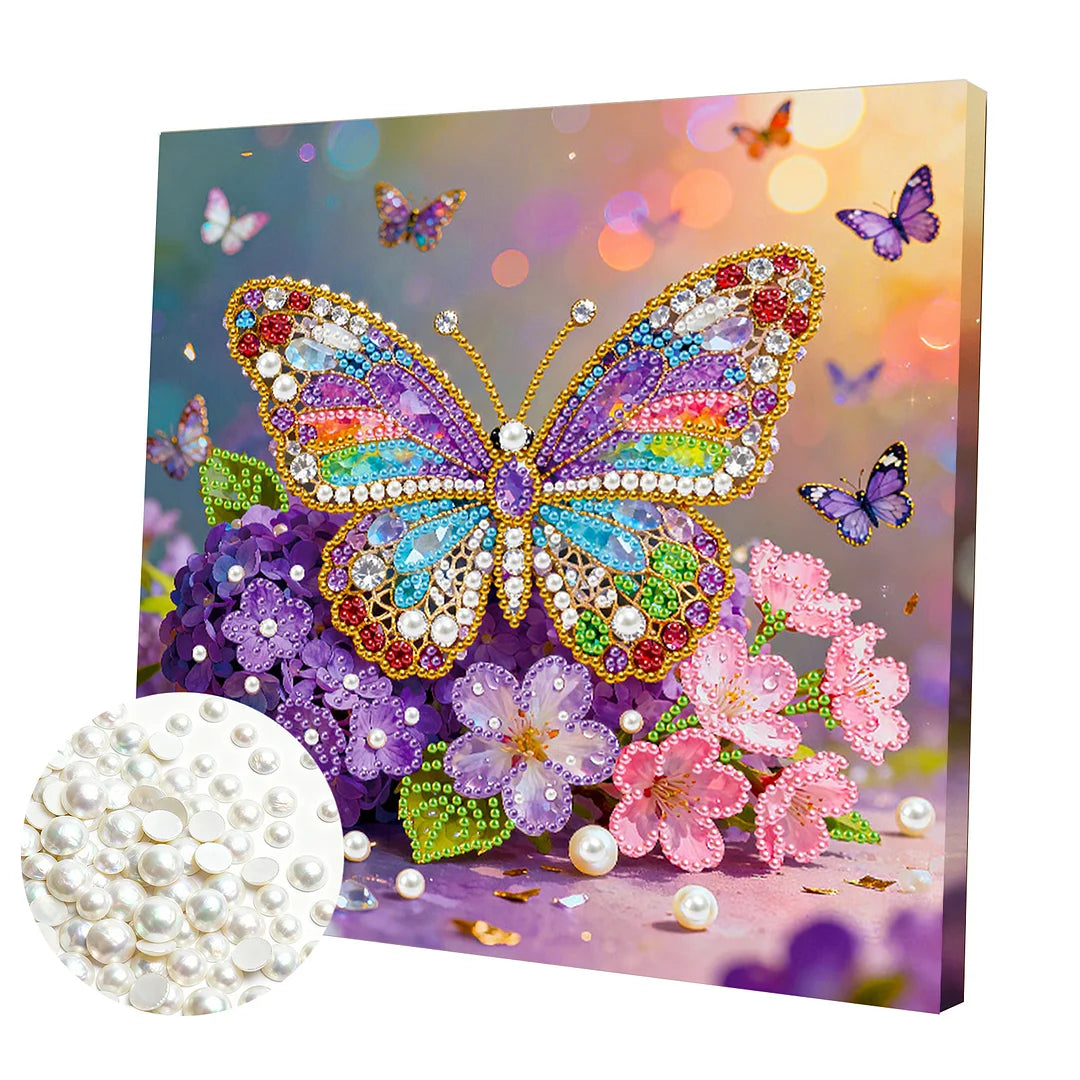 DIY Pearl Painting With Frame - Handmade Self-Adhesive Pearls - Butterfly (25*25cm) A