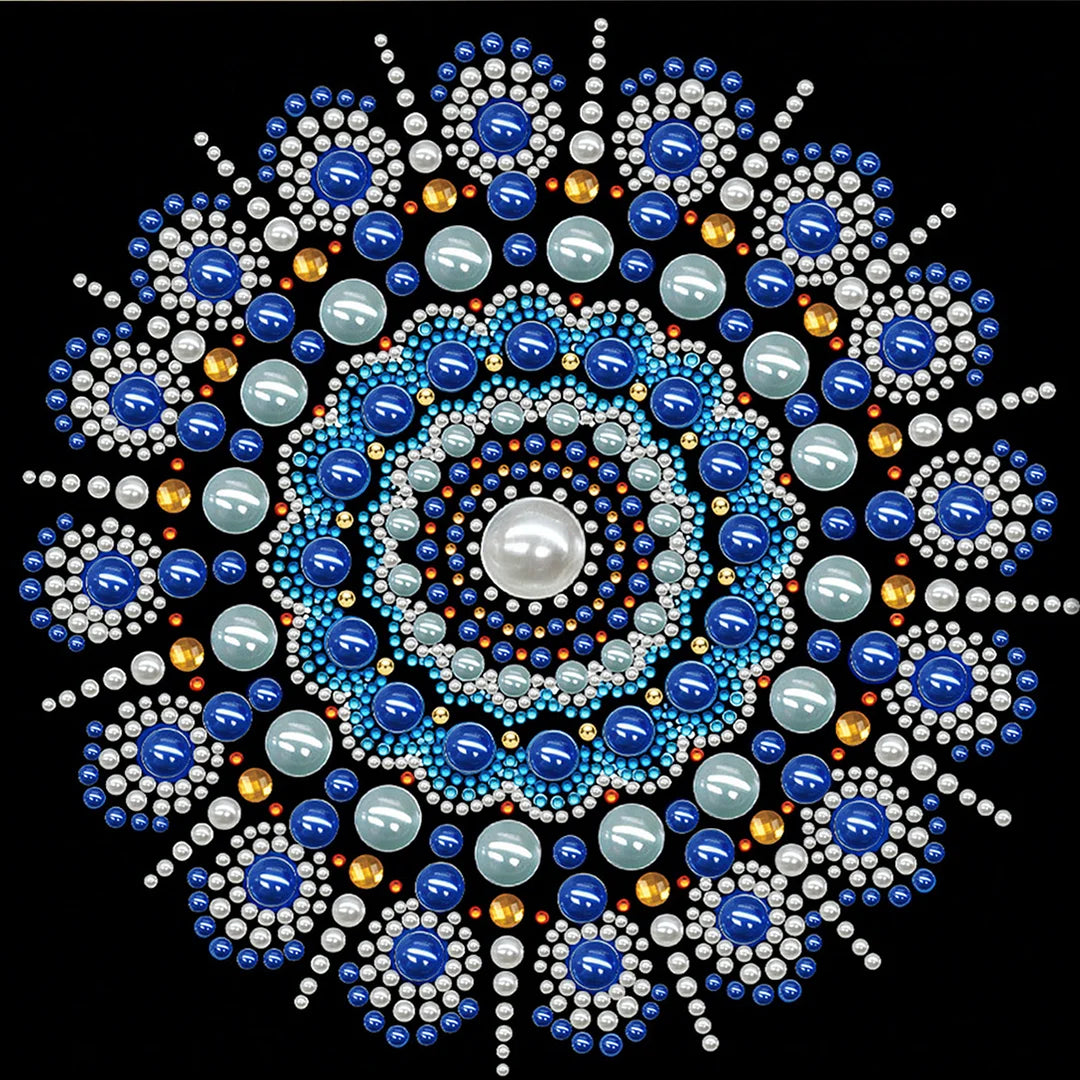 DIY Pearl Painting With Frame - Handmade Self-Adhesive Pearls - Blue Floral Mandala (25*25cm)