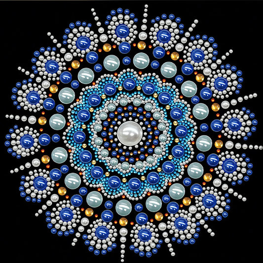 DIY Pearl Painting With Frame - Handmade Self-Adhesive Pearls - Blue Floral Mandala (25*25cm)
