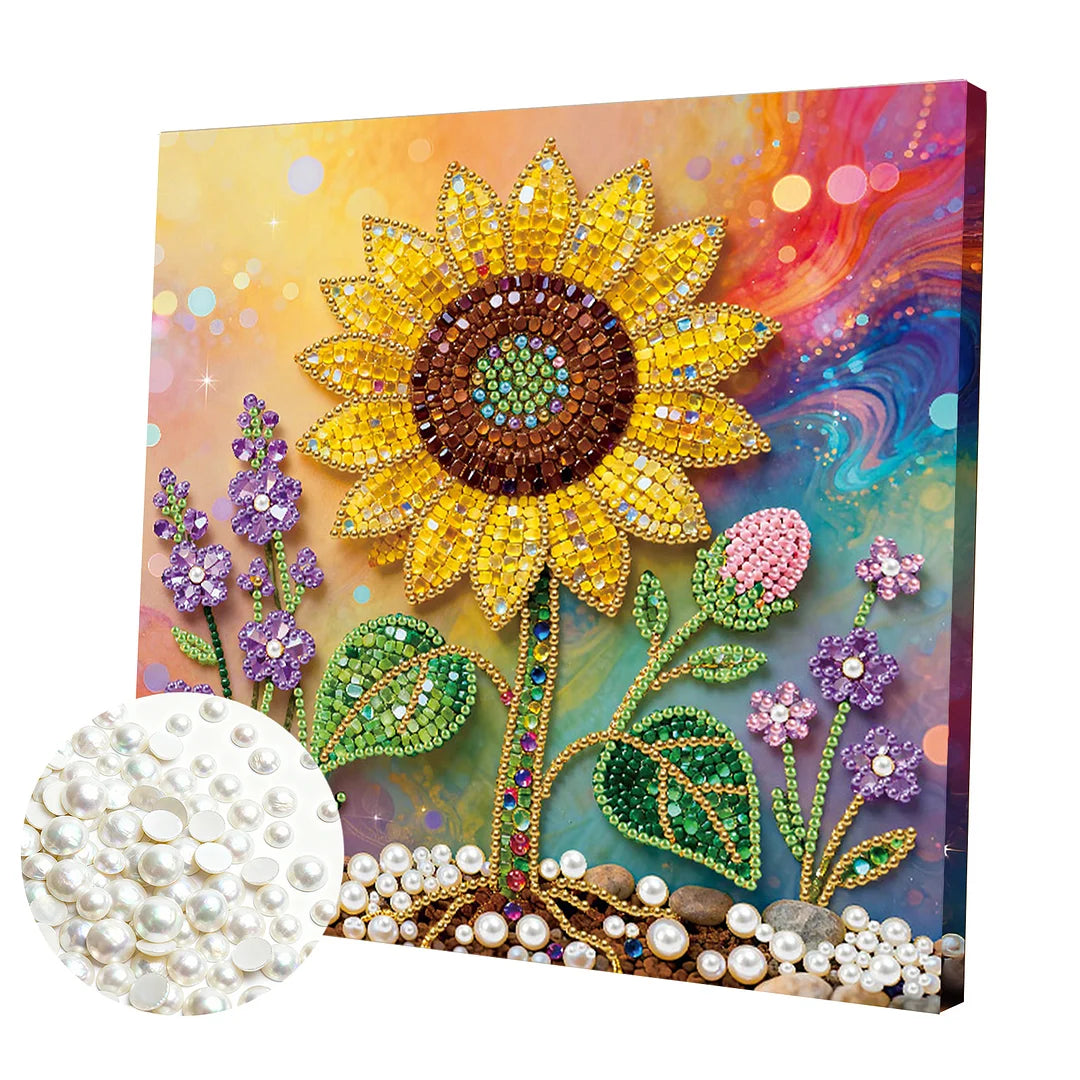 DIY Pearl Painting With Frame - Handmade Self-Adhesive Pearls - Sunflower (25*25cm) A