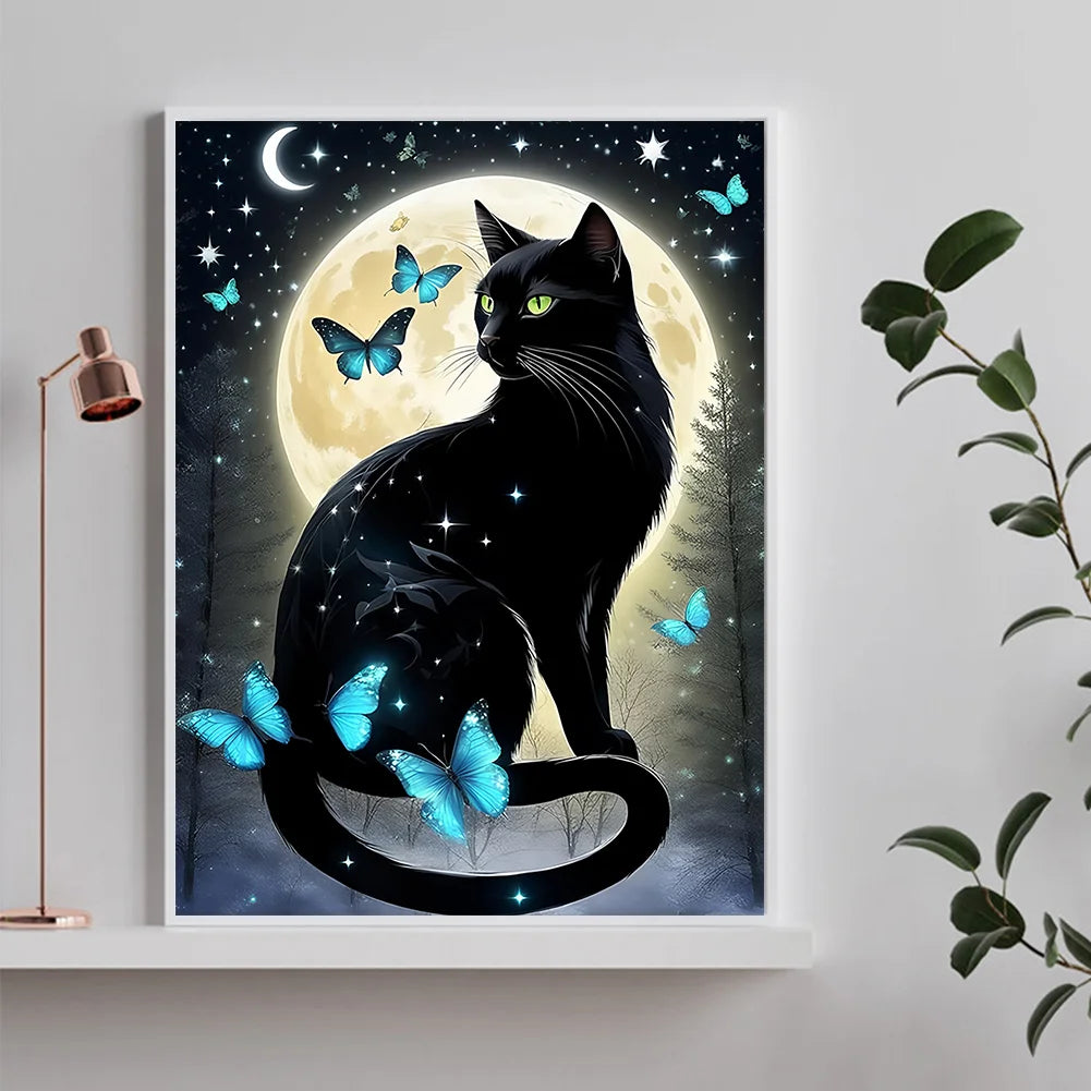 Diamond Painting - Full Round / Square - Moon Night Black Cat