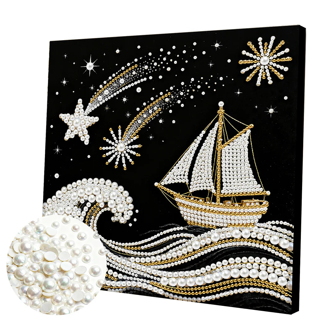 DIY Pearl Painting With Frame - Handmade Self-Adhesive Pearls - Sea Waves Sailing (25*25cm)