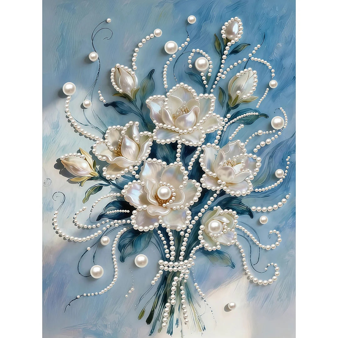 DIY Pearl Painting With Frame - Handmade Self-Adhesive Pearls - White flowers (30*40cm)