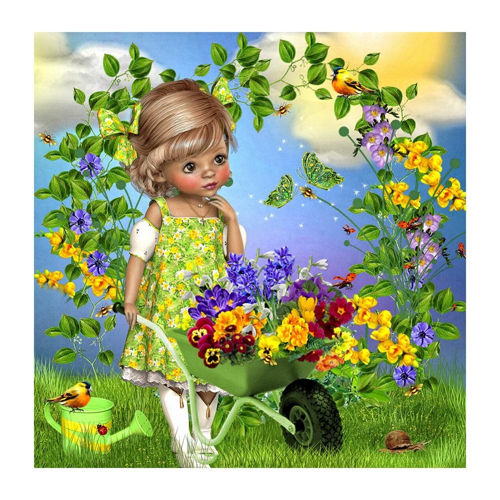 5D Diy Diamond Painting Kit Full Round Beads Flower Little Girl