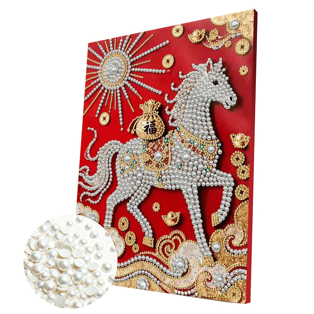 DIY Pearl Painting With Frame - Handmade Self-Adhesive Pearls - Horse (30*40cm) C