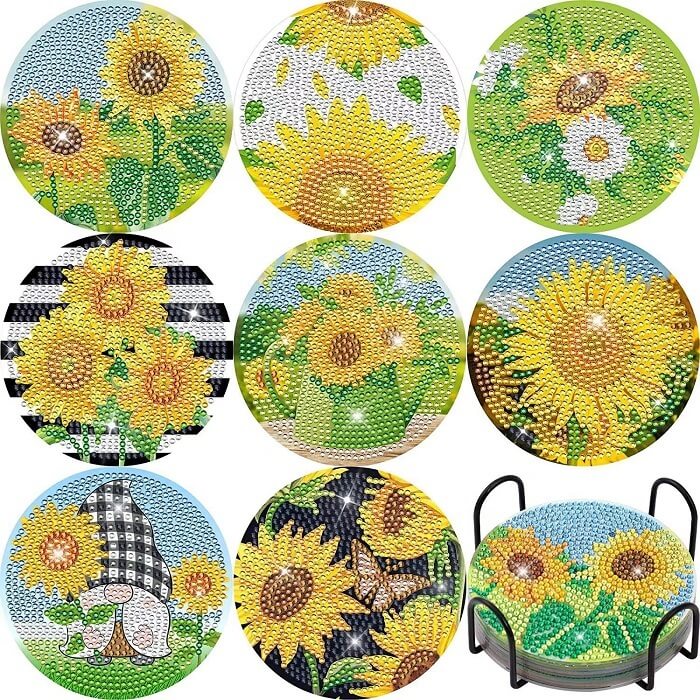 8 Pcs DIY Sunflower Diamond Painting Coasters with Holder
