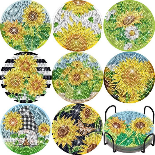 8 Pcs DIY Sunflower Diamond Painting Coasters with Holder