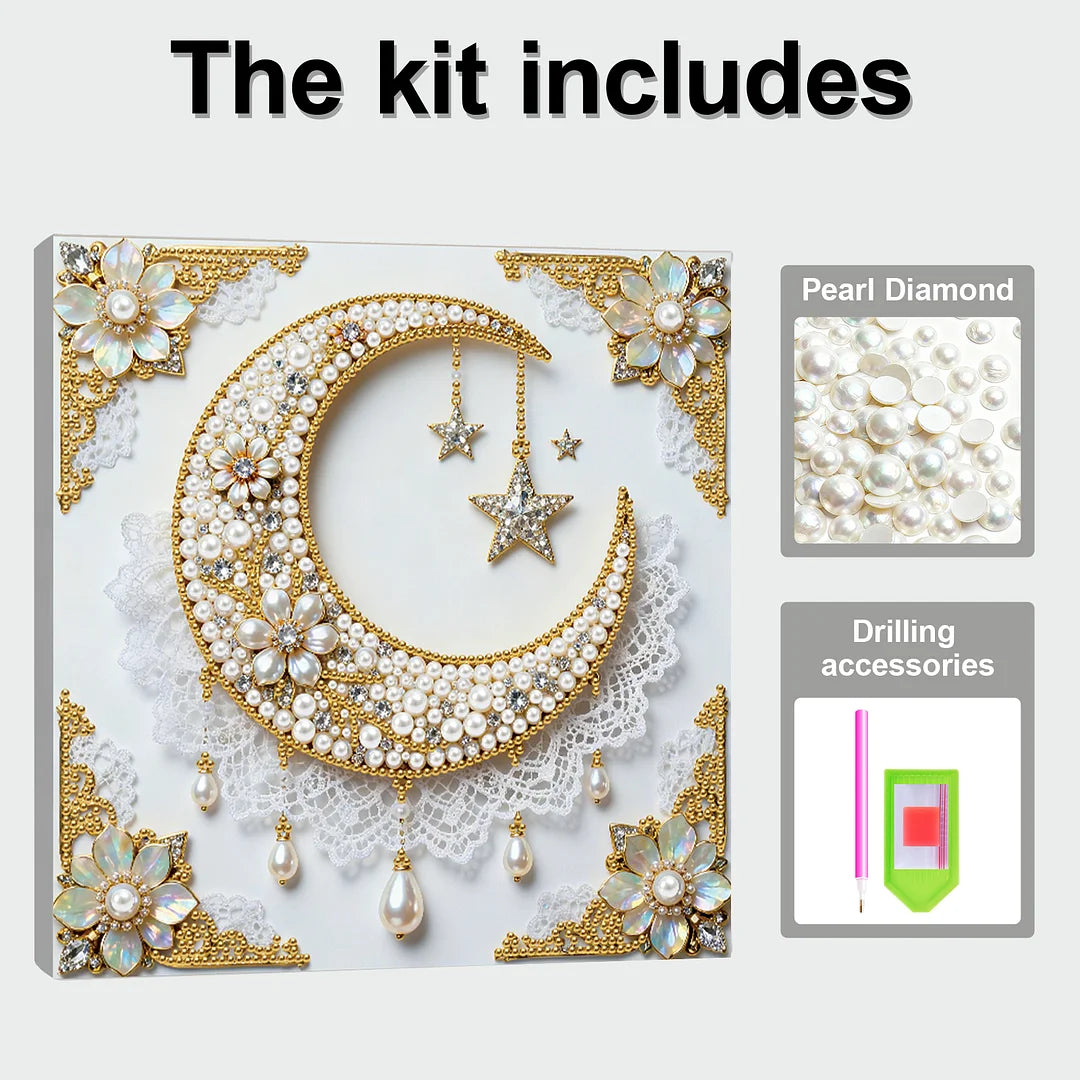 DIY Pearl Painting With Frame - Handmade Self-Adhesive Pearls - Stars and Moon (25*25cm)