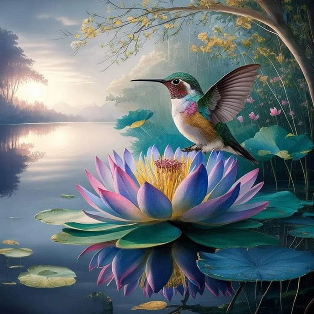 Diamond Painting - Full Round / Square - Hummingbird in Lotus