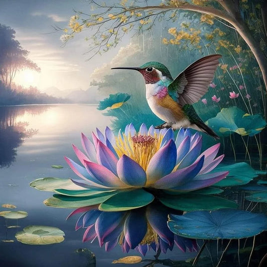 Diamond Painting - Full Round / Square - Hummingbird in Lotus