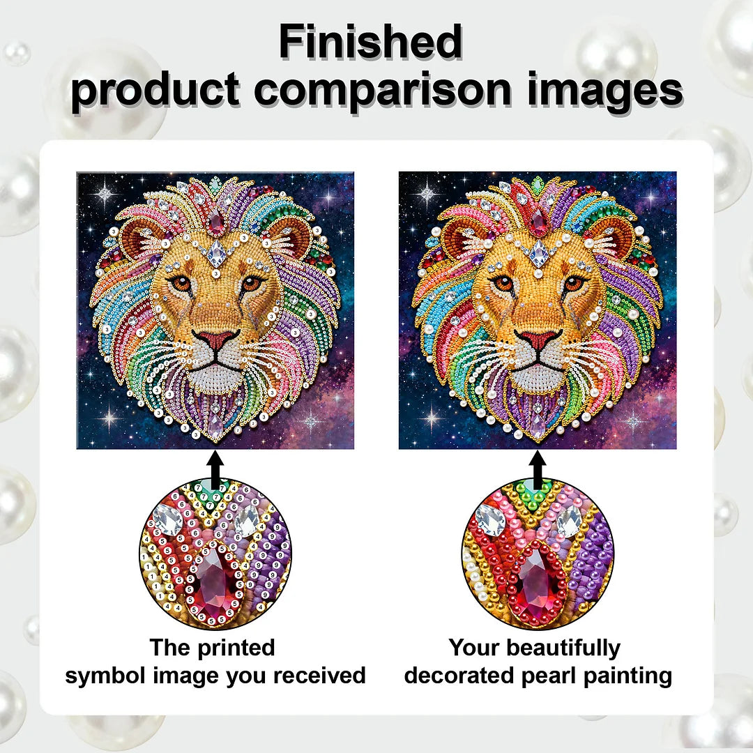 DIY Pearl Painting With Frame - Handmade Self-Adhesive Pearls - Lion (25*25cm) A