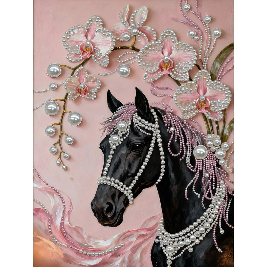 DIY Pearl Painting With Frame - Handmade Self-Adhesive Pearls - Horse (30*40cm) B