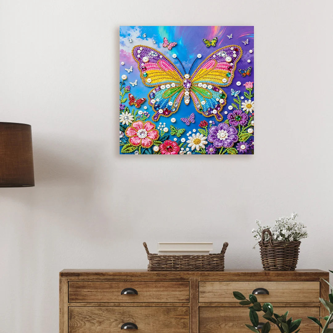DIY Pearl Painting With Frame - Handmade Self-Adhesive Pearls - Butterfly (25*25cm) E