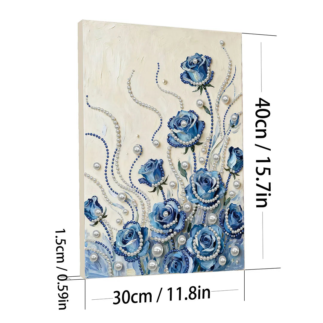 DIY Pearl Painting With Frame - Handmade Self-Adhesive Pearls - Blue Flowers (30*40cm)