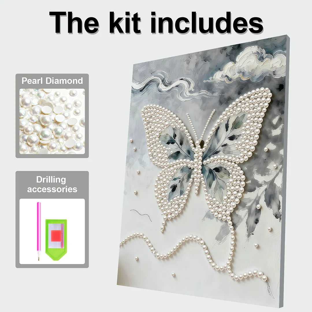 DIY Pearl Painting With Frame - Handmade Self-Adhesive Pearls - Butterfly (30*40cm) A