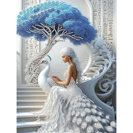 DIY Pearl Painting With Frame - Handmade Self-Adhesive Pearls - Peacock and Girl(30*40cm)