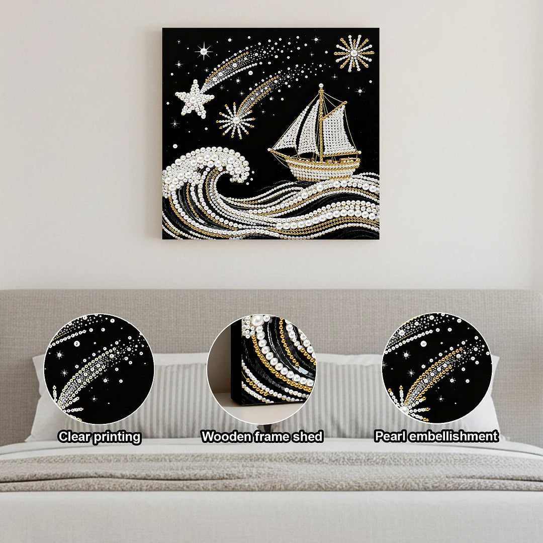 DIY Pearl Painting With Frame - Handmade Self-Adhesive Pearls - Sea Waves Sailing (25*25cm)