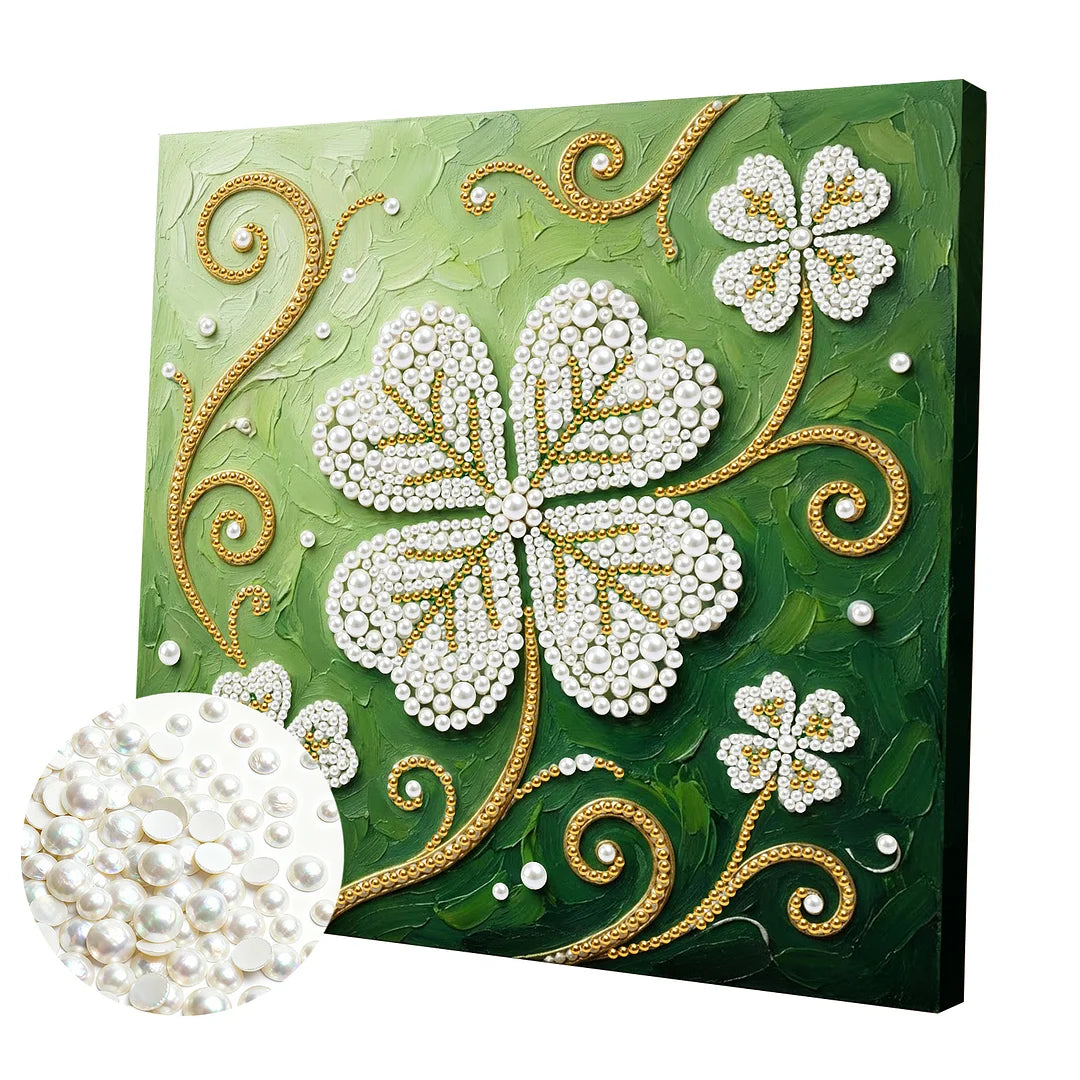 DIY Pearl Painting With Frame - Handmade Self-Adhesive Pearls - Four-Leaf Clover (25*25cm)