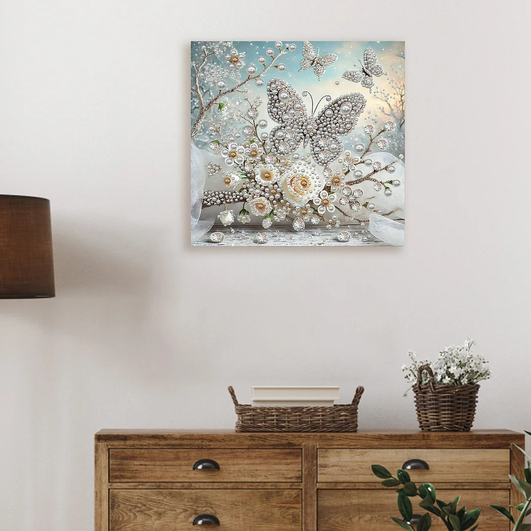 DIY Pearl Painting With Frame - Handmade Self-Adhesive Pearls - Butterfly Garden (30*30cm)