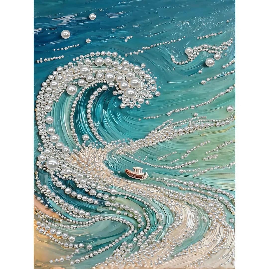 DIY Pearl Painting With Frame - Handmade Self-Adhesive Pearls - Waves (30*40cm) A