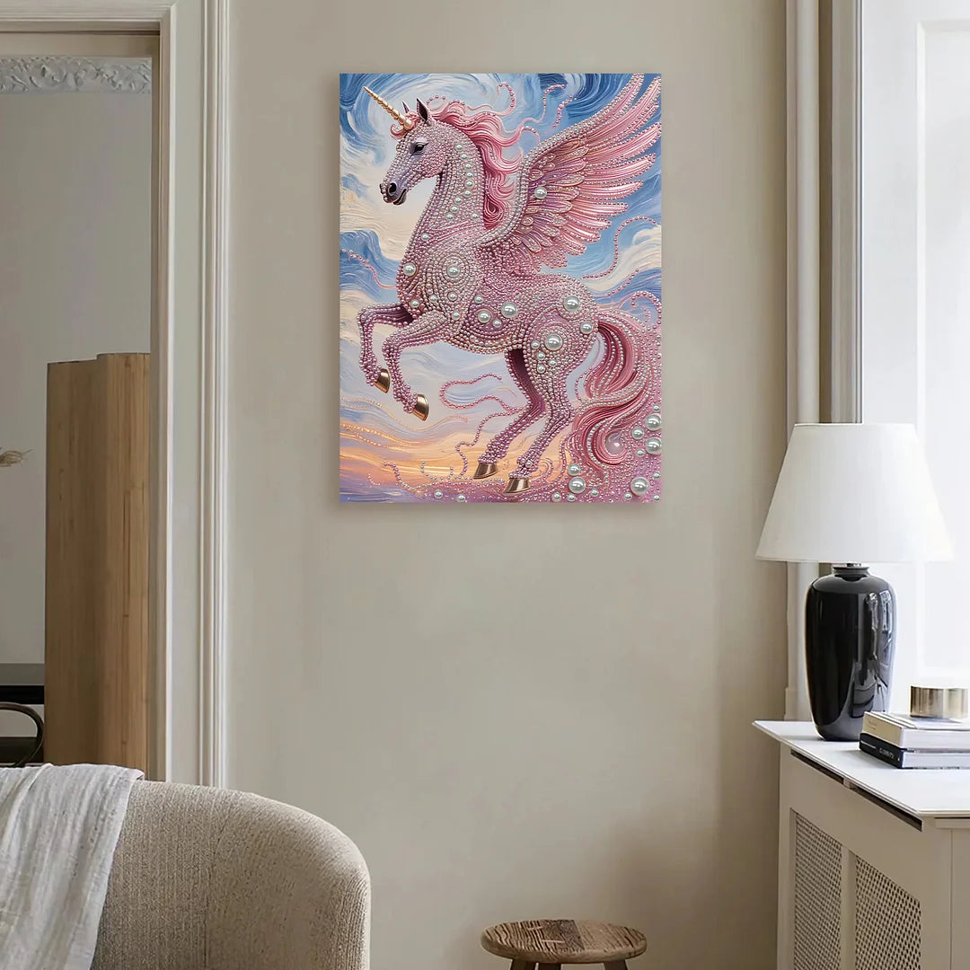 DIY Pearl Painting With Frame - Handmade Self-Adhesive Pearls - Pink Unicorn (30*40cm)